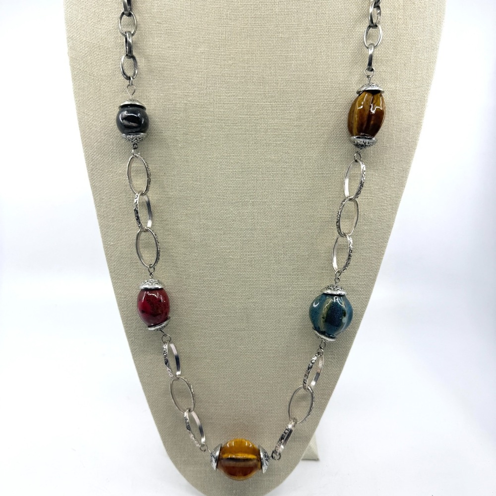 Boho Multi-Color Beaded Statement Necklace Long Silver Tone Chain Layering Gift